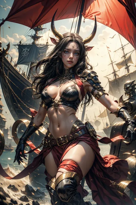 red minotaur woman, with horns, sexy on a pirate ship and an eye patch, fully body 