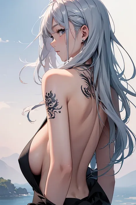 (Image from chest up:1.4)((masterpiece:1.5,Highest quality,Beautiful images、Sketch、2.5D、Ink Painting、Abstract、Artistic、Portraiture))(1girl, 独奏)(medium breasts, Silver Hair、long hair、sideboob、Exposing shoulders、Tattoo on shoulder)(横顔のPortraiture,Gaze sidewa...