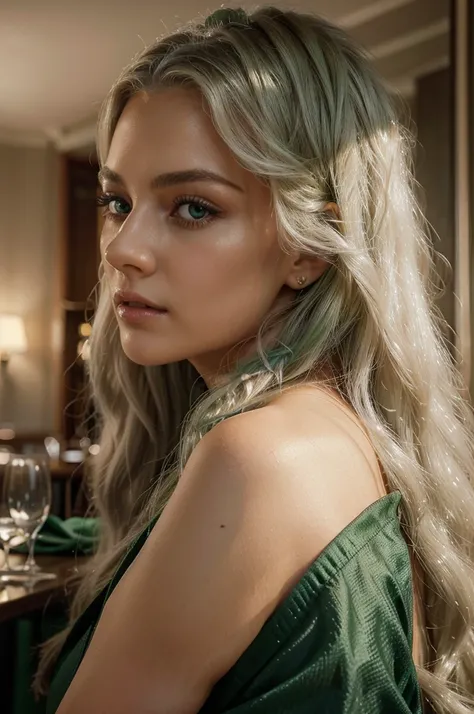 A strikingly beautiful woman. She had long white hair that flowed in soft waves down her back, perfectly framing her face. Her eyes were a mesmerizing shade of green.  
She was dressed in a chic, elegant outfit against the backdrop of a restaurant.
perfect...