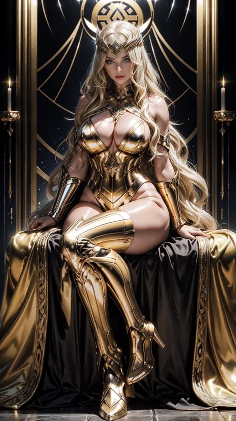 best quality, extremely beautiful, long wavy dark hair, (Woman: 1.1), (norse queen:1.1), valkyrie, blonde hair, (Shiny skin : 1.5), black and gold armoured dress, deep neckline, curvy hips, Wka, sitting with legs spread wide open 