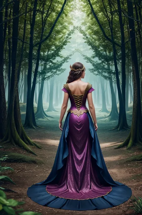 Make a book cover with a girl in royal attire and all the mythical creatures like dragon and mermaid back of her she is standing in a middle of a enchanted forest and please name the book Aroboriss a journey of magic and revenge 