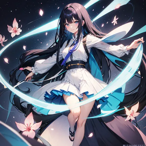 Anime girl with very long dark blue hair with straight bangs with some strands of hair next to her cheeks, slanted fuchsia eyes with a smile on her face mature body a mole under each eye with a gray skirt with long stockings up to her legs and a white shir...