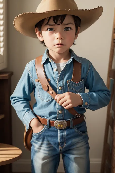 cowboy toy, similar to Woody, with a jealous expression, olhando para Buzz Lightyear, in a child&#39;s room with other toys in the background."