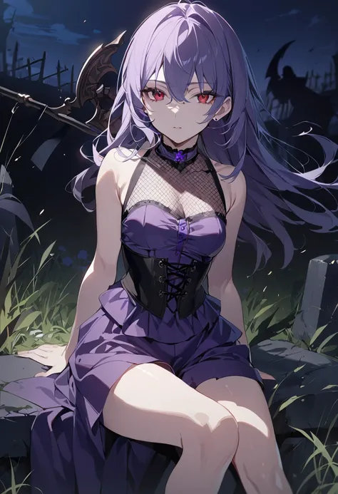 1 girl, masterpiece, best quality, fair skin, purple mesh, red eyes, corset, culottes, holding a black scythe, black rose, wind, night, grave, sitting, anime