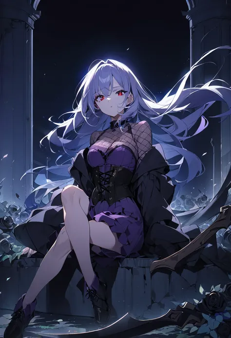 1 girl, masterpiece, best quality, fair skin, purple mesh, red eyes, corset, culottes, holding a black scythe, black rose, wind, night, grave, sitting, anime