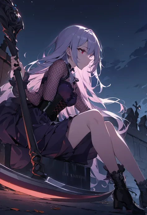 1 girl, masterpiece, best quality, fair skin, purple mesh, red eyes, corset, culottes, holding a black scythe, black rose, wind, night, grave, sitting, anime