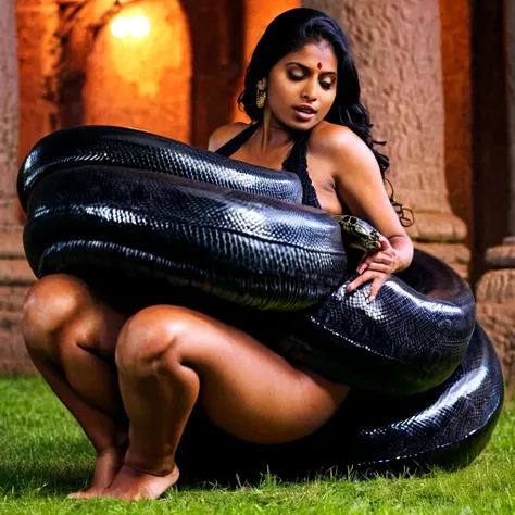  Pregnant  Happy Horny, aroused 1girl), beautiful kneeling indian young teen girl  with  giant colossal black titanboa squeezing her hard, wrapped in thick spiraling coils, constricted, struggle, gasping for air, snake attack, snake peril, moonless night, ...