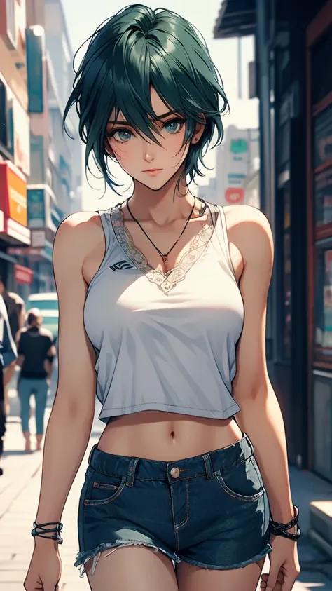 1 female, tamaki, green short hair, hair between eyes, (detailed eyes:1.3), street fashion, boyish, cowboy shot