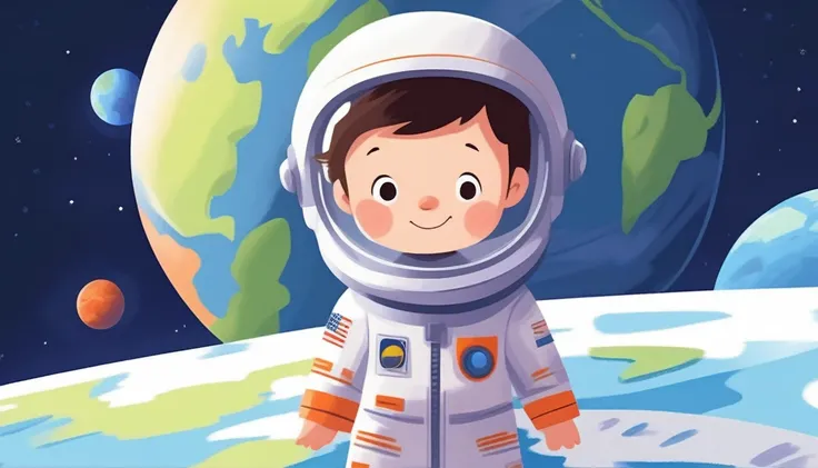 childrens picture books,crayon paintings,white background,simple background,
A little boy in spacecraft, facing the camera, only earth planet in background, slowly approaching, with high definition and quality,