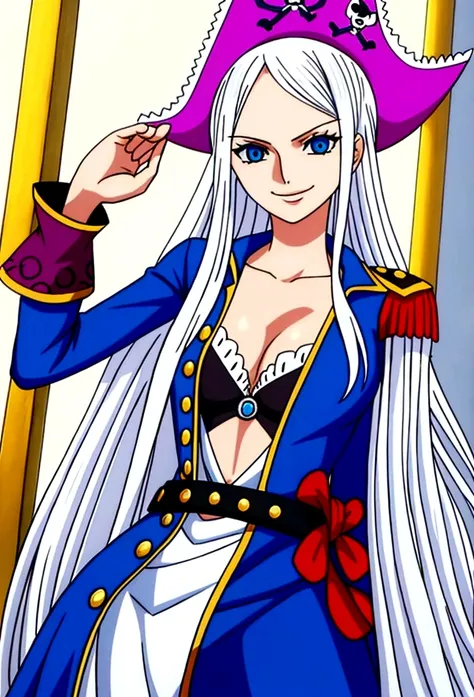 Pirate Woman, platinum white long hair, blue eyes, wearing casual clothes, smiling