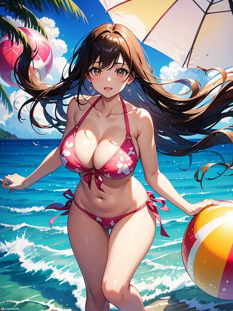 master piece, extremely detailed, high resolution, Makoto Shinkai style, fullbody, Bikini Swimwear、Lustrous pink lips, Tan Skin, Tropical island background, Beach Background, very cute, Long Straight Hair, Transparent beach ball with cherry pattern, Having...