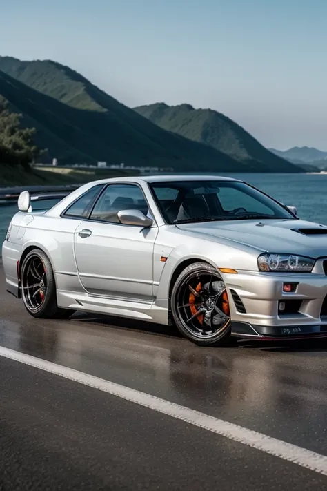 Create me a wallpaper to share with my boyfriend of a Nissan Skyline GTR 34 