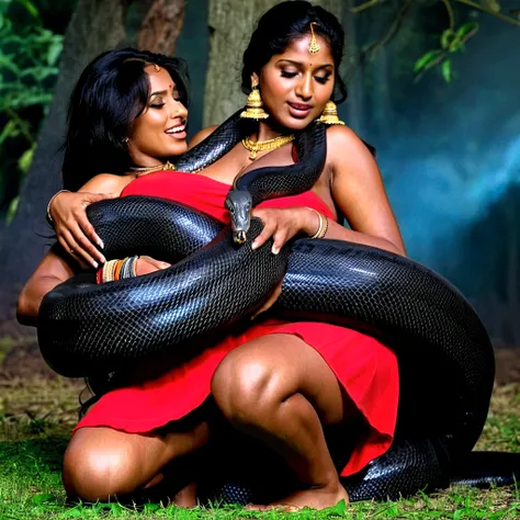  Pregnant  Happy Horny, aroused 1girl), beautiful kneeling indian young teen girl  with  giant colossal black titanboa squeezing her hard, wrapped in thick spiraling coils, constricted, struggle, gasping for air, snake attack, snake peril, moonless night, ...