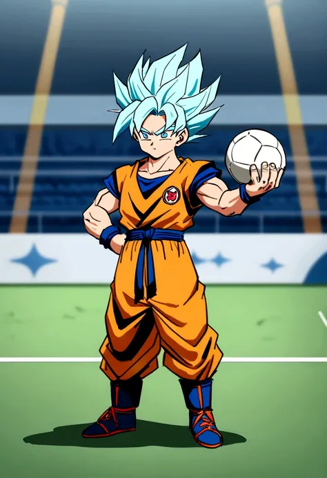 Goku as miniature Super Saiyan, goku blue outfit , anime styling , Football scenario , (( image without deformities)) , best resolution , best qualityer , steady look , ​masterpiece, holding a soccer ball in his hand.
