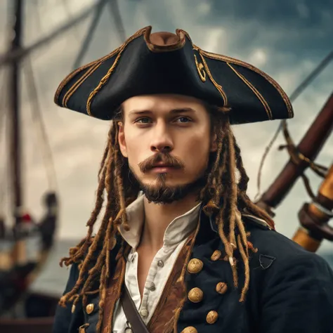  a man in a shorts with dreadlocks and a hat, characteristic portrait of Alexander Kukharsky, shutterstock, Renaissance, pirate portrait, pirate, a pirate, Reckless Man, pirate captain, portrait of a young pirate, stern ship captain, tom holland as a pirat...