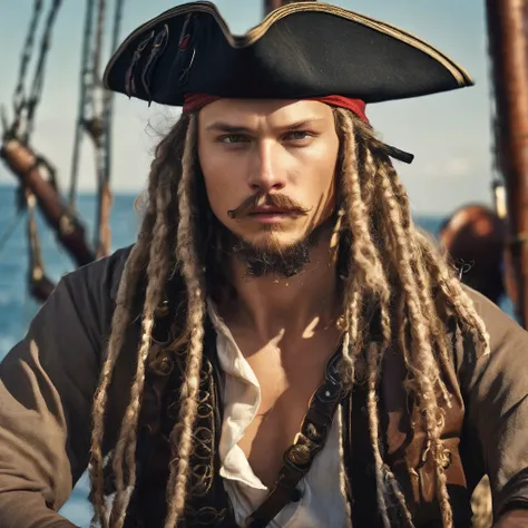  a man in a shorts with dreadlocks and a hat, characteristic portrait of Alexander Kukharsky, shutterstock, Renaissance, pirate portrait, pirate, a pirate, Reckless Man, pirate captain, portrait of a young pirate, stern ship captain, tom holland as a pirat...