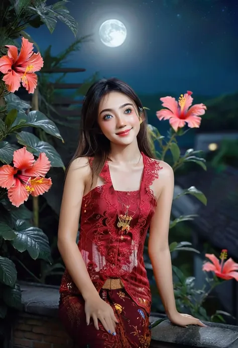 wearing red kebaya, (raw photo, best quality), (realistic, photo-realistic:1.4), masterpiece, an extremely delicate and beautifu...