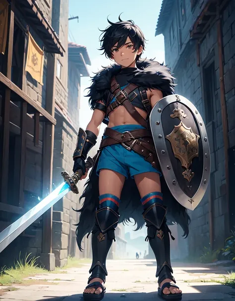 Young boy with black hair, brown eyes and fair skin, innocent and happy, wearing neon blue barbarian fur tunic, black shorts, gauntlets and sandals, weilding sword and shield, blue armor, fullbody, medieval background, boyish athletic