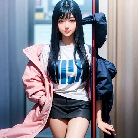 An anime girl with very long dark blue hair with straight bangs with some strands of hair on the side of her cheeks, slanted fuchsia eyes with a smile on her face mature body a mole under each eye with a gray skirt with long stockings up to her legs and a ...