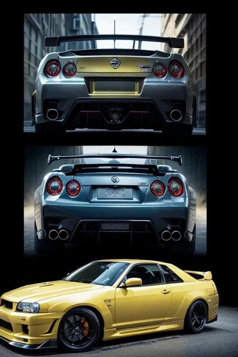 Create me a wallpaper to share with my boyfriend of a Nissan Skyline GTR 34, a yellow and a blue with a small letter qek A & O

