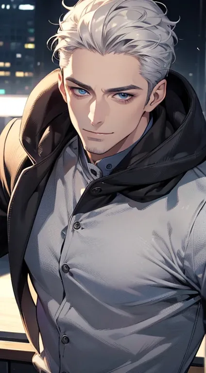 (best quality,4k,8k,highres,masterpiece:1.2),ultra-detailed,(realistic,photorealistic,photo-realistic:1.37),1 man,31 years old,mature man,very handsome,without expression,smile,short grey white hair,blue eyes,penetrating gaze,perfect face without errors,im...