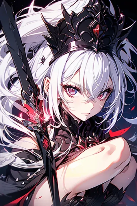 A woman, villain, queen, white hair, red eyes, black and red dress, purple longsword
