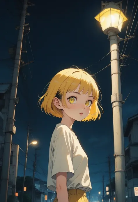 score_9, score_8_up, score_7_up, score_6_up, score_5_up, score_4_up, source_anime, 2.5D, slightly creepy cute girl, pixie cut, yellow cat-like eyes, peeking out from under streetlight on utility pole in dimly lit residential area, retro atmosphere like tha...