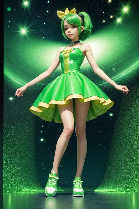 Disney style 3D fun mind girl character,  with light green skin color, short straight dark green hair, a completely green dress and glitter with very very very dark green shoes