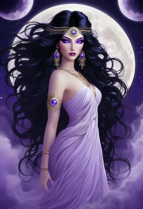 Goddess with black hair and purple eyes. Full moon background.