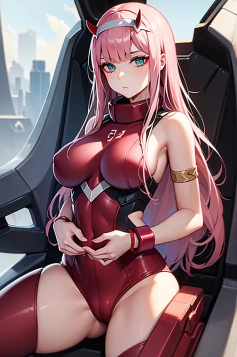 (masterpiece, Best quality, ultra detailed, absurdity)1.5, 1 girl, (sexual, Beautiful woman, perfect face, Perfect eyes, ideal female body, huge breasts)1.5, (ZeroTwo, horns, hair band, Red bodysuit, bracelet, fur, long hair, pink hair, dull hair, ), (stan...