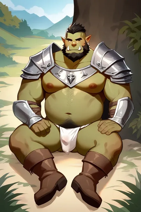 score_9, score_8_up, score_7_up, solo, male focus, chubby male, orc, green skin, tusks, beard, outdoors, micro armor , shoulder armor, breastplate, upper body , pauldrons, day, boots , (micro fundoshi) , full body , laying spread legs , legs up , His body ...