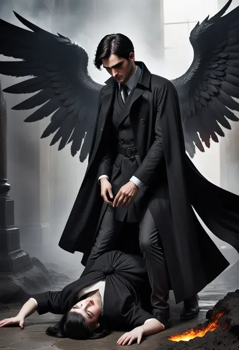 Dark Book Cover:

A man who is a fallen angel dominates the scene, its immense black wings contrasting with its pale skin. Her short black hair falls wildly over her face., partially hiding your dark eyes. He is kneeling, with one knee touching the rough g...