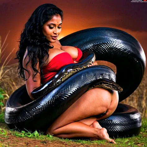  Pregnant  Happy Horny, aroused 1girl), beautiful kneeling indian young teen girl  with  giant colossal black titanboa squeezing her hard, wrapped in thick spiraling coils, constricted, struggle, gasping for air, snake attack, snake peril, moonless night, ...