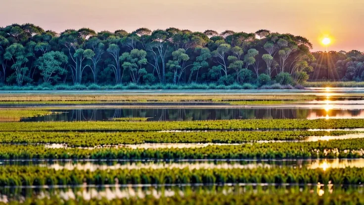 plain blank A tranquil wetland ecosystem featuring lush, vibrant vegetation thriving at the boundary between land and water, with diverse flora and fauna interacting in a delicate balance., split gradient colors background, Golden-hour lighting white mocku...