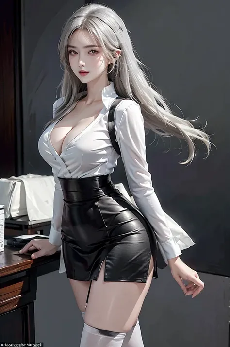 (masterpiece:1.5, Highest quality, Very detailed、 Dutch Angle、Realistic、Fantasy)(One girl, alone)(White and beautiful hair:1.4,,Straight Long Hair)(Office uniform, White shirt, Black Skirt, Black Stockings, garter belt、 Beautiful soldier, Eyes that tempt t...