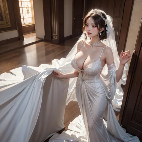 Miss，Huge Breasts，H cup，Exposing breasts，Full figure，Tall，full-body shot，Sexy Wedding Dress，Nobility。(best quality), (masterpiece), (Very detailed), (4K)