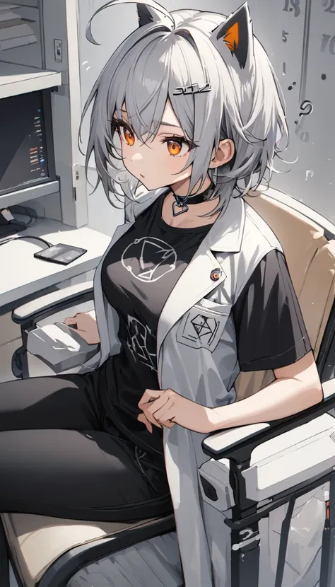 (masterpiece)、(absurdres)、(ultra detailed)、(独奏),(silver cat ear on head:1.1),(lady:1.0),(silver hair),(shortcut hair:1.0),(Messy Hair:1.0)、(Ahoge:1.0)、(Orange Eyes:1.1),middle Breasts:0.8、choker,sleepy eyes、Researchers lab coat、T-Shirts、Black Pants、Sit in ...