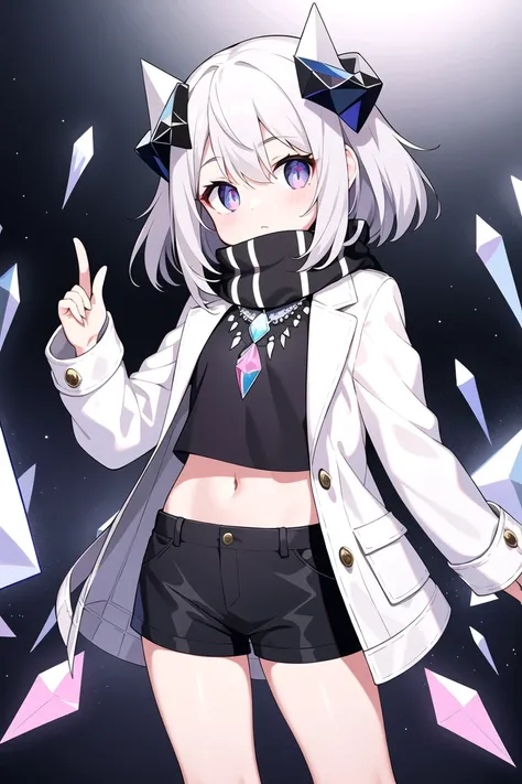 masterpiece, need, 1 Girl, Gray hair, Medium-length hair, A pair of small horns made of colored crystal, Colored eyes, Looking at the audience, lol， The cutest,White scarf, Grey jacket,Short black shorts ,Caves filled with colored crystals，Crop Topping，Jus...