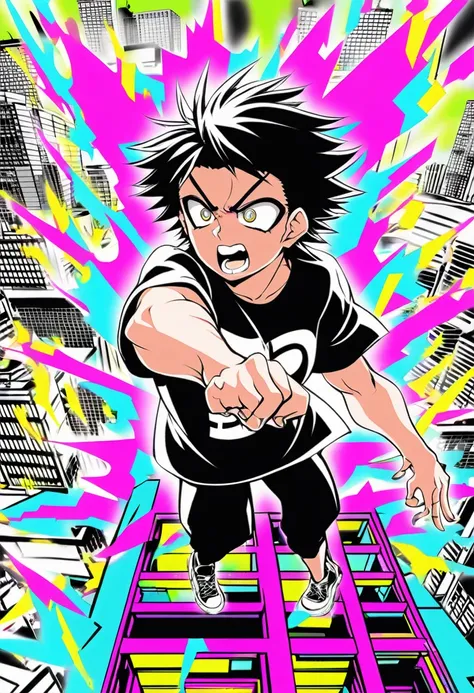 Satoru Gojo, urban rooftop, unleashing domain expansion, overlooking modern cityscape, dynamic neon lighting, inspired by Japanese manga and anime, action-packed, digital illustration, T-shirt print, bold colors, high-quality digital artwork.