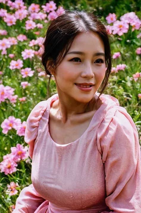 medium shoot, Top quality, masterpiece, very high resolution, photorealistic, raw photo, 35 year old beautiful woman, round face and diamond chin, pink dress, luxurious long sleeves, standing in a field of blooming flowers, rugged mountains, glowing skin, ...