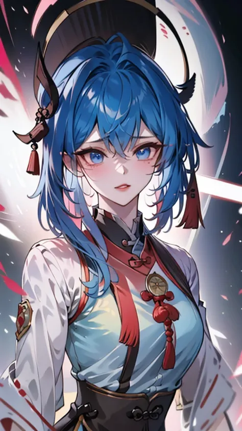 Masterpiece, Best quality, 1 Tang Wu Tong, the expression is cold, strong, blue eyes, short hair, wolfcut hairstyle, smoky mix blue color hair, resolute eyes, red lips, simple Taoist Taoist uniform, Chinese mix morden, frontal photo, black or white backgro...