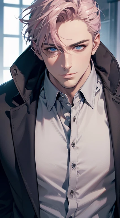 (best quality,4k,8k,highres,masterpiece:1.2),ultra-detailed,(realistic,photorealistic,photo-realistic:1.37),1 man,31 years old,mature man,very handsome,without expression,smile,short grey pink hair,blue eyes,penetrating gaze,perfect face without errors,imp...