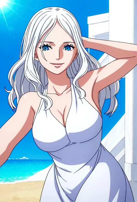 Woman (45 years old), platinum white wavy hair, blue eyes, wearing sun dress, smiling in a sunny day