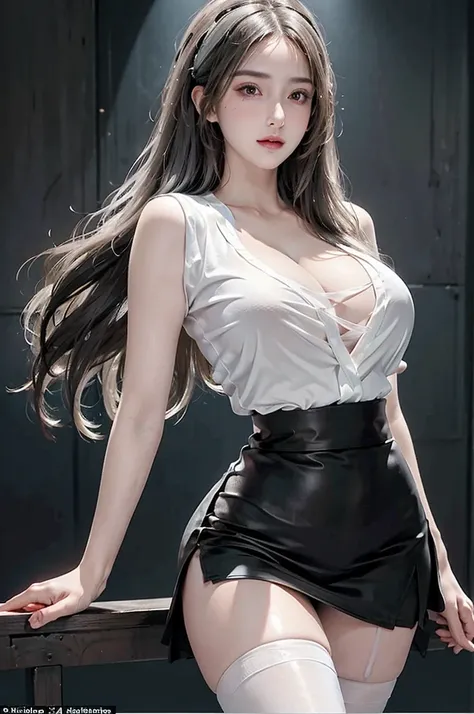 (masterpiece:1.5, Highest quality, Very detailed、 Dutch Angle、Realistic、Fantasy)(One girl, alone)(White and beautiful hair:1.4,,Straight Long Hair)(Office uniform, White shirt, Black Skirt, Black Stockings, garter belt、 Beautiful soldier, Eyes that tempt t...