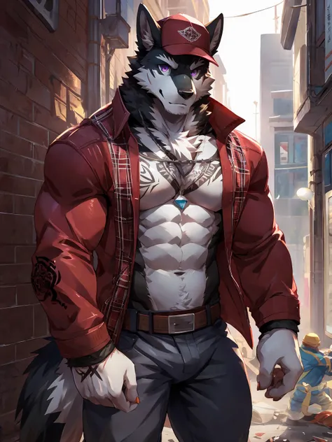 embedding:Black wolf，male, Purple eyes,Scar on the face, Single Person,black fur.The chest and abdomen are white fur.A film actor,In modern times,On the movie set.Wear casual clothes.Wearing a cap,Tattoo,Adult male,strong,Handsome,Muscular,Tall,Best qualit...