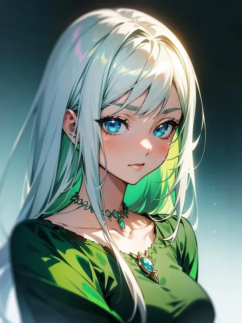 a woman in a green dress and a necklace, silver hair girl, long hair, anime style portrait, in anime style, semi-realistic anime...