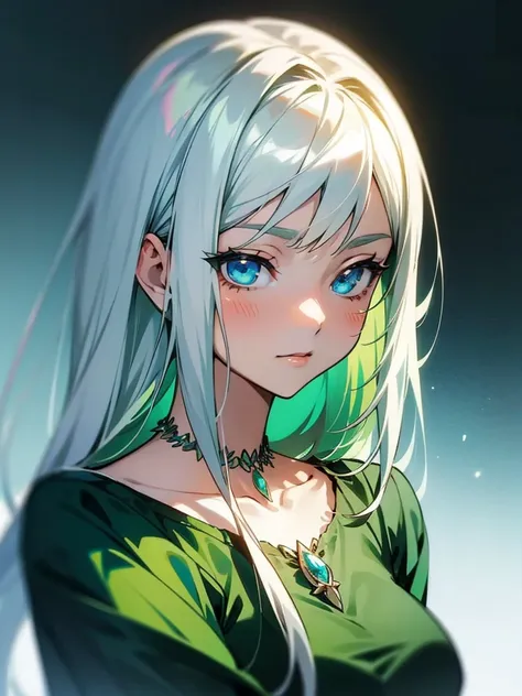 a woman in a green dress and a necklace, silver hair girl, long hair, anime style portrait, in anime style, semi-realistic anime...