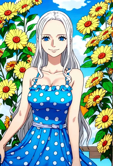 Woman (45 years old), platinum white wavy hair, blue eyes, wearing polka dot sun dress, smiling in a sunny day