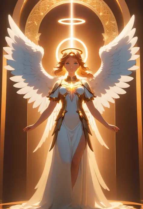 a highly detailed and beautiful angel, angelic wings, six wings, angel halo, glowing holy light, digital art, cinematic lighting, dramatic shadows, intricate details, warm color palette, photorealistic, 8k, best quality, masterpiece
