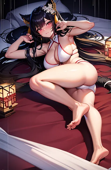 Chinese style beauty，Double tail，White transparent bikini，Dark Skin，Sexy Girl，Blushing shyness，Random hair，Huge breasts，Huge ass，Lying in bed，Rain，barefoot，Show your armpits